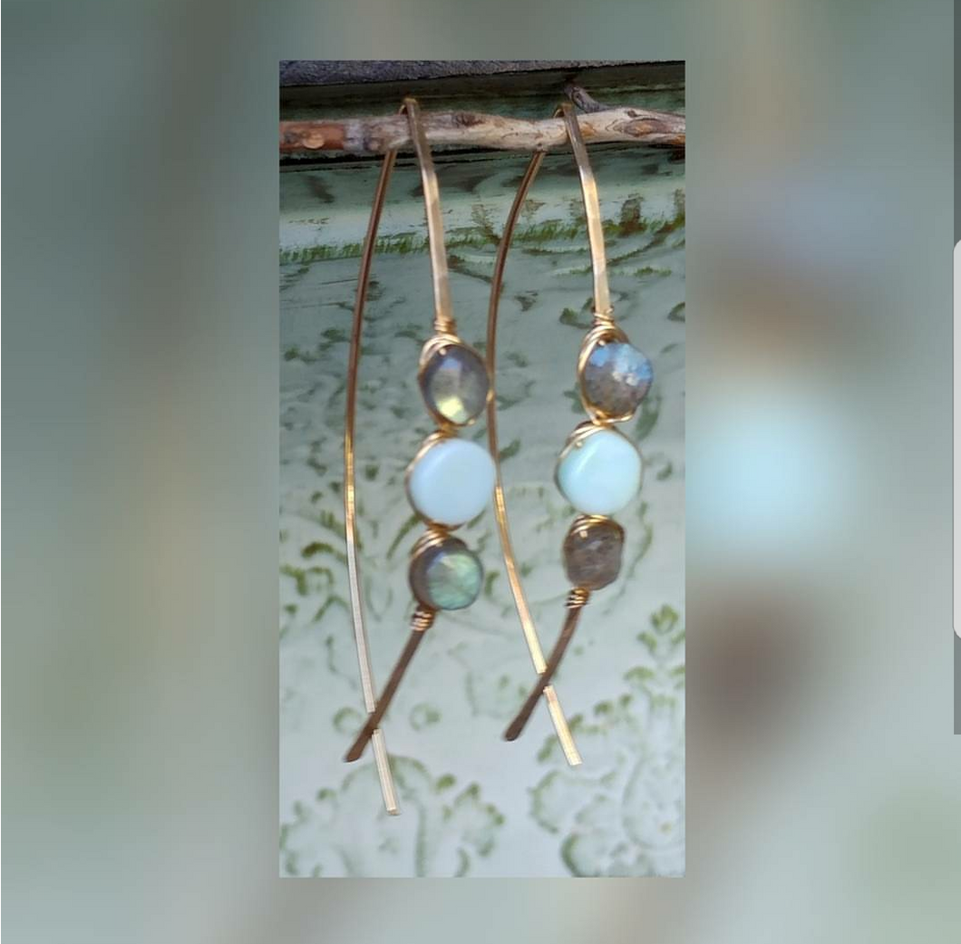 Labradorite & Peruvian Opal Gem Wrapped Threader Style Earrings