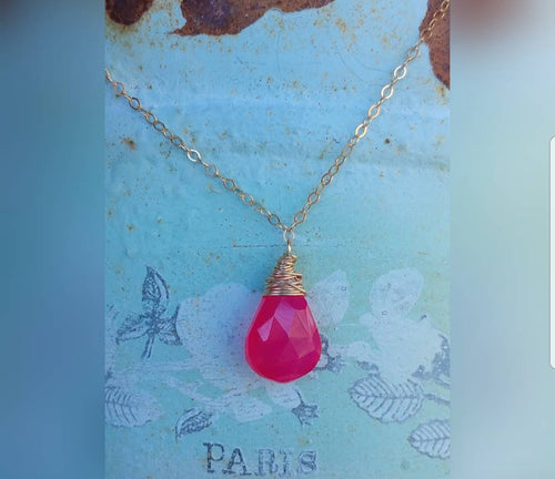 Hot pink chalcedony drop necklace