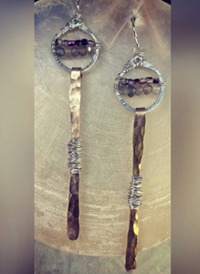 Hammered Gem Wrapped Bar Earrings