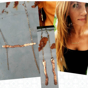 Hammered Organic Style Bar Necklace With Earrings