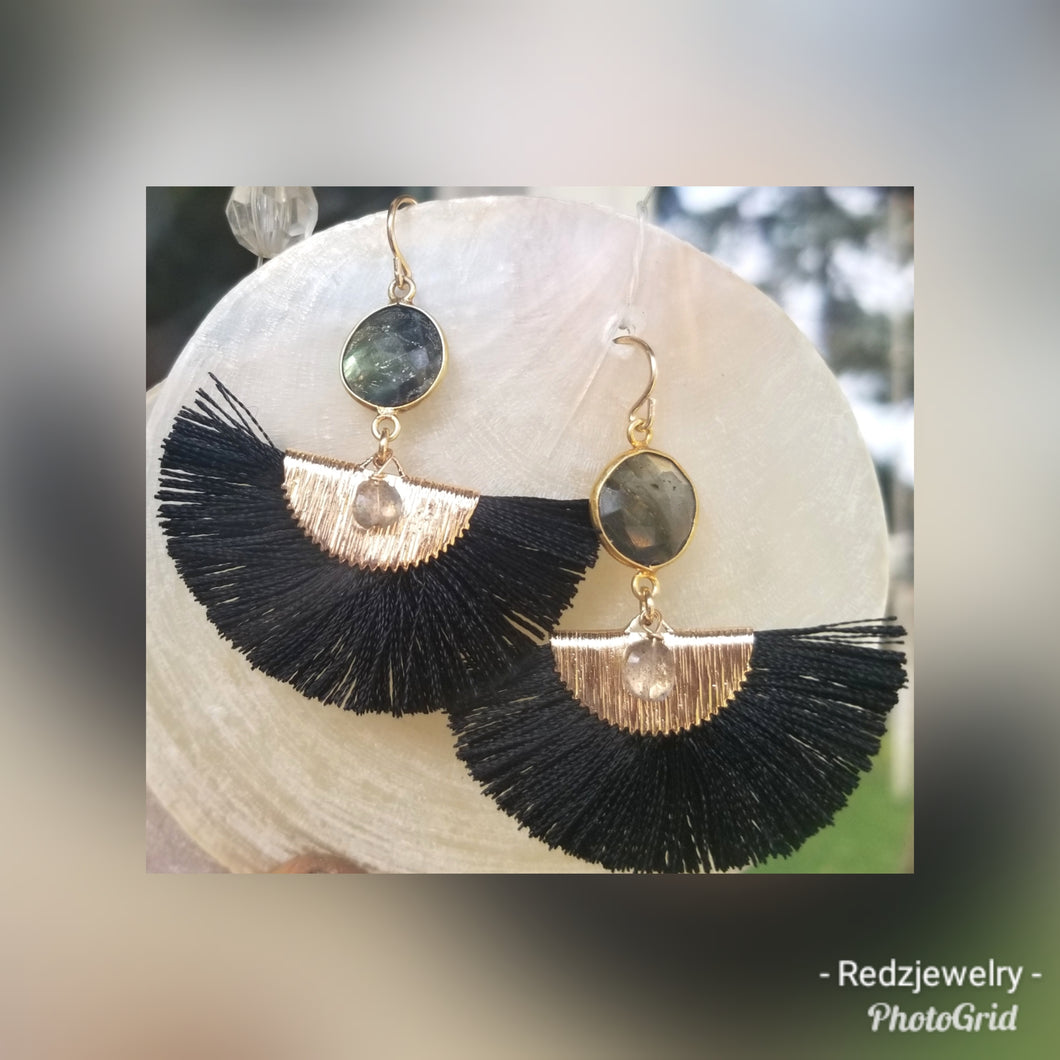 Black & Labradorite Silk Fan Earrings
