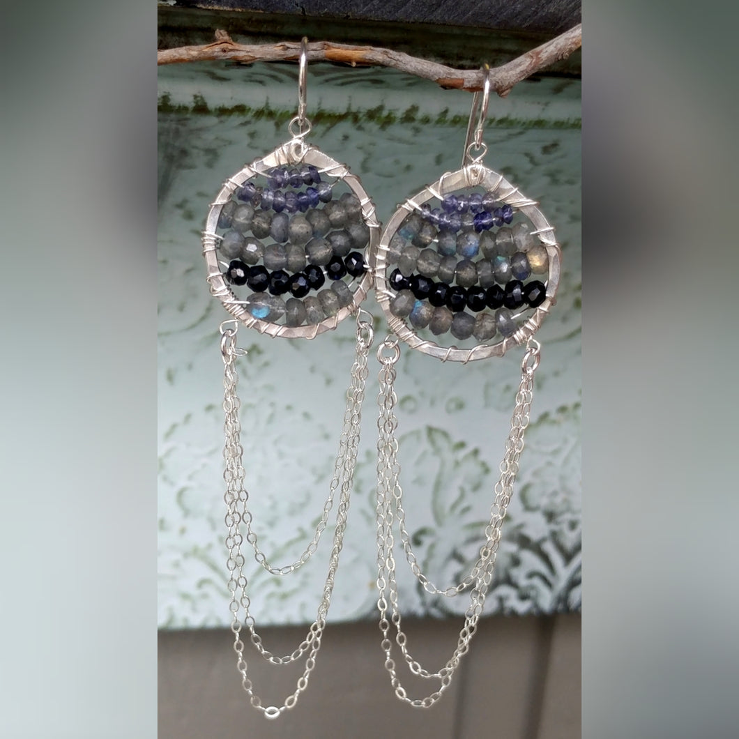 The Eye Catcher Earrings with Iolite Labradorite and Black Spinel