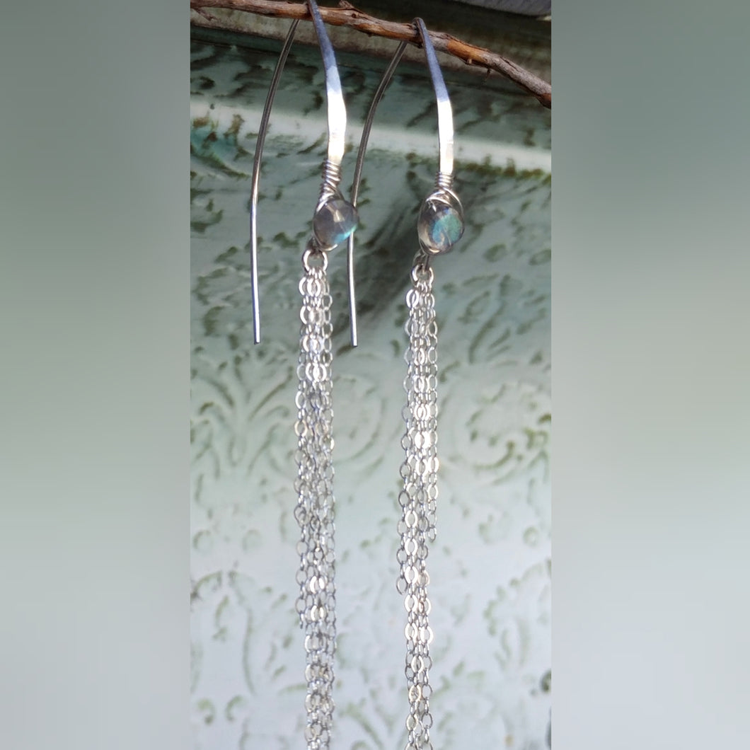 Silver Dangling Chain Threader Hammered Earrings