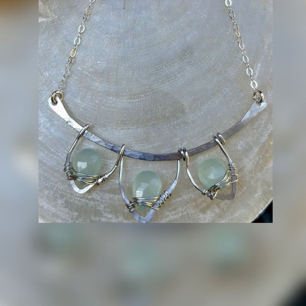 Lotus Bar Necklace with Blue Chalcedony Drops