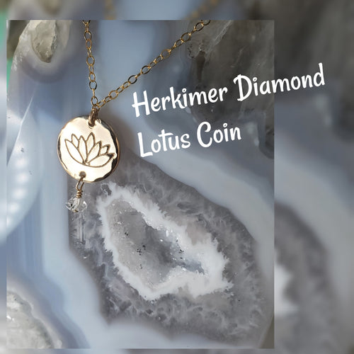 Lotus Flower Coin Necklace With Herkimer Diamond